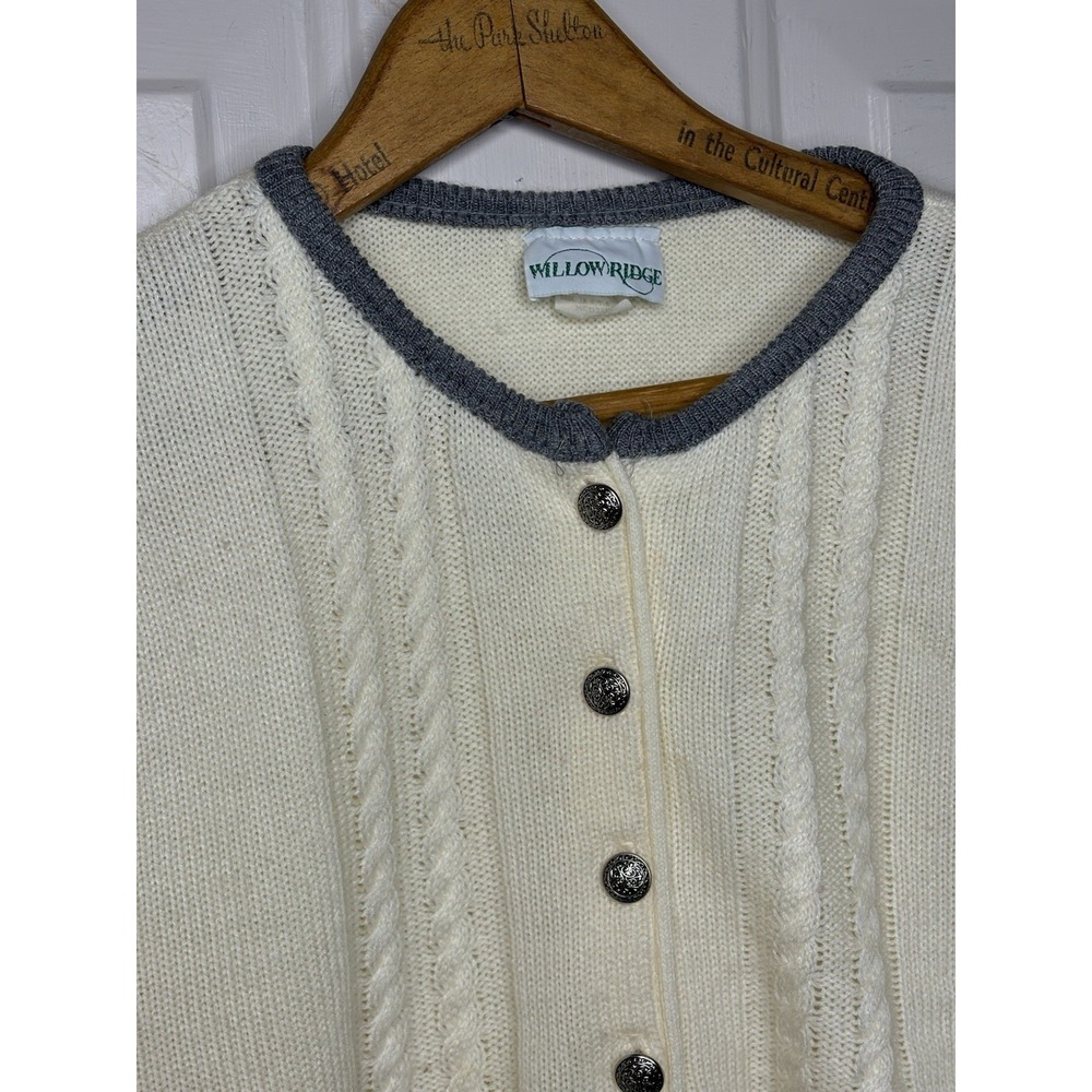 Vtg Women's M Cardigan Sweater Ivory Silver Buttons Gray Detail Short USA Cable - Picture 4 of 8